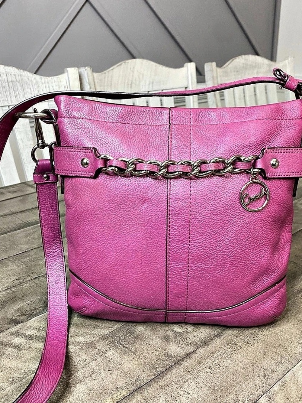 Coach Chelsea Pink Pebbled Leather Chain Convertible Duffle Crossbody Bag F19722